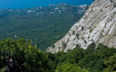 Sıcak bir yaz gününde Kırım 'ın güney kıyısındaki Yalta Yayla Kayaları.