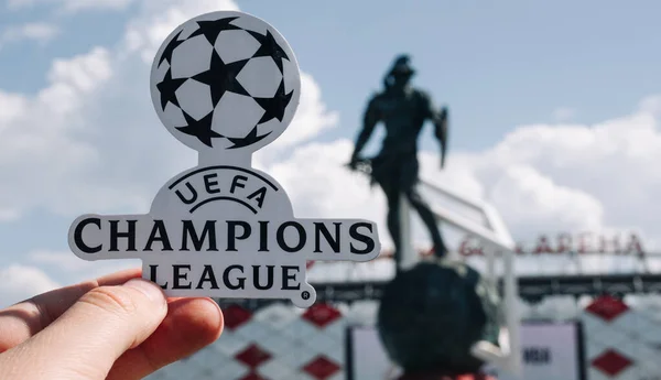 Juni 2021 Moskow Rusia Uefa Champions League Emblem Depan Stadion — Stok Foto