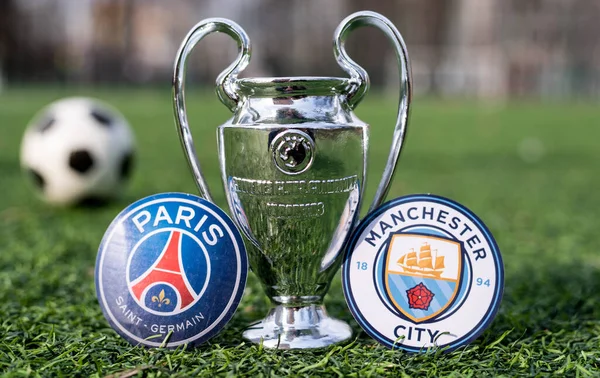 Abril 2021 Moscú Rusia Uefa Champions League Cup Los Emblemas — Foto de Stock