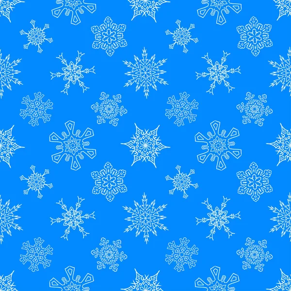 Senza soluzione di continuità modello blu di Natale con fiocchi di neve disegnati — Vettoriale Stock