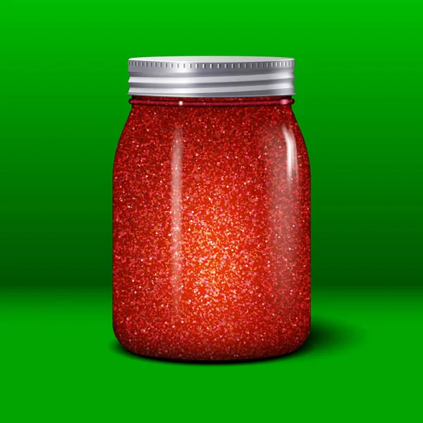 Glitter jar. Realistický objekt s lesklými červenými jiskrami — Stockový vektor