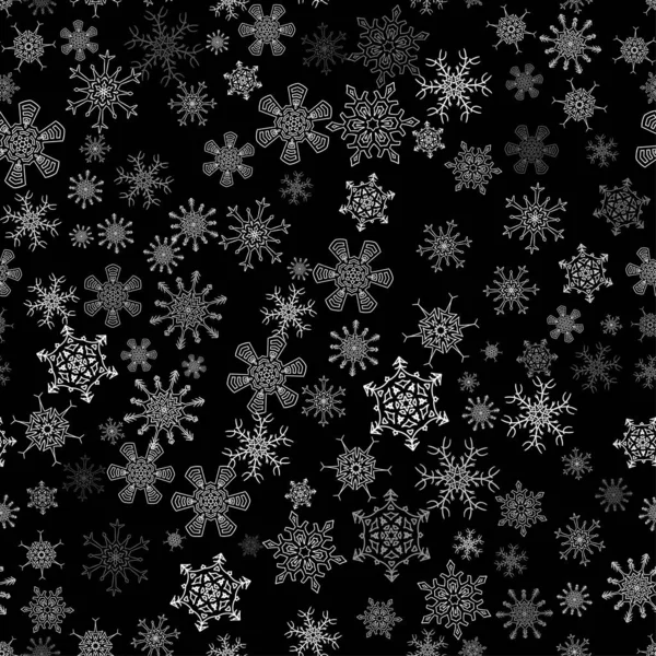 Modèle de Noël sans couture noir avec différents flocons de neige — Image vectorielle