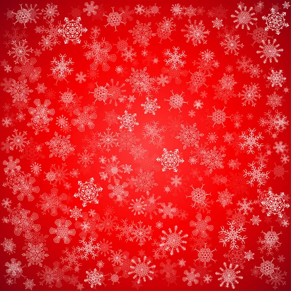 Fondo rojo de Navidad con diferentes copos de nieve — Vector de stock