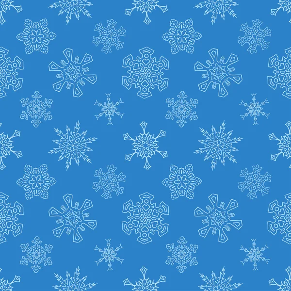 Padrão azul de Natal sem costura com flocos de neve desenhados — Vetor de Stock