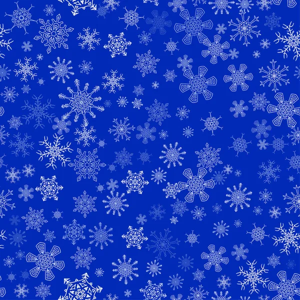 Blauw naadloos kerstpatroon met verschillende sneeuwvlokken — Stockvector