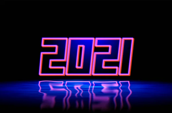 2021 Novoroční modrá neonová značka s lesklými 3D číslicemi a realistickým odrazem na mokré podlaze. 2021 Silvestrovský večírek nebo pozvánka na akci znak nebo kryt. — Stockový vektor