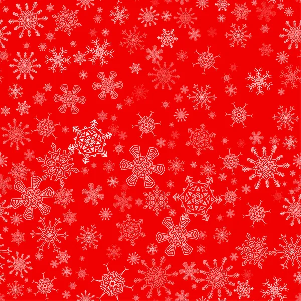 Modèle de Noël sans couture rouge avec différents flocons de neige — Image vectorielle