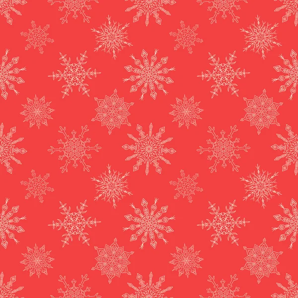 Patrón rojo de Navidad sin costuras con copos de nieve dibujados — Vector de stock