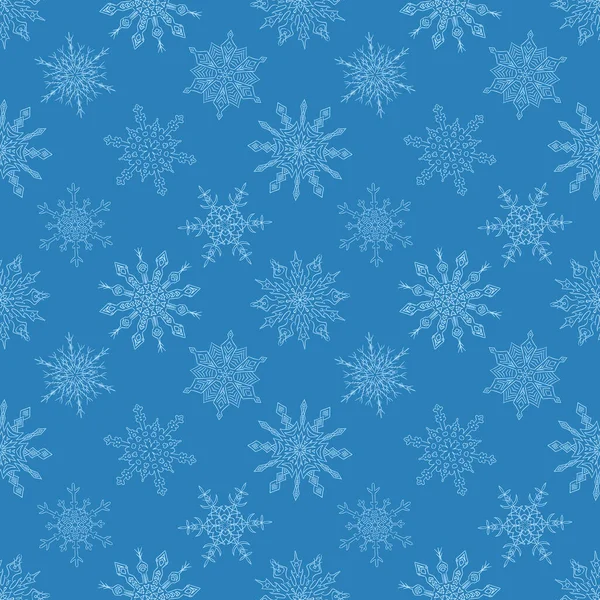 Patrón azul de Navidad sin costuras con copos de nieve dibujados — Vector de stock