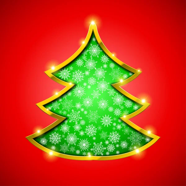 Árvore de Natal com borda dourada, flocos de neve e faíscas — Vetor de Stock