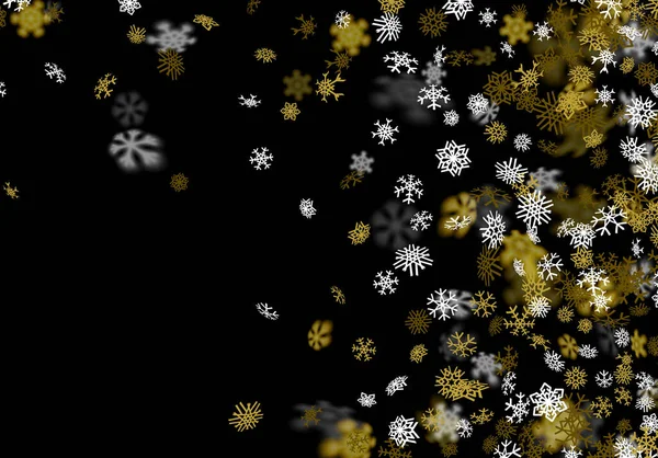 Snöfall Bakgrund Med Gyllene Snöflingor Suddig Perspektiv — Stock vektor