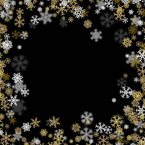 Fondo Nevadas Con Copos Nieve Dorados Borrosos Perspectiva — Vector de stock