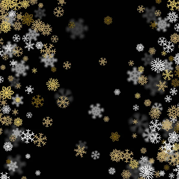 Schneefall Hintergrund Mit Goldenen Schneeflocken Verschwommen Der Perspektive — Stockvektor