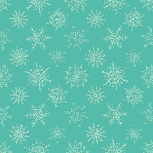 ランダムな描かれた雪片とシームレスなクリスマスグリーンパターン — ストックベクタ
