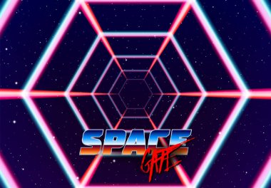 Uzayda 80 'lerin stil lazer çizgileri olan neon tüneli fütürist poster ya da broşür için. Yıldızlı bir kapı ve muhteşem parlak bir yol