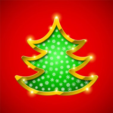 Altın kenarlı ve kar taneli Noel ağacı kartı
