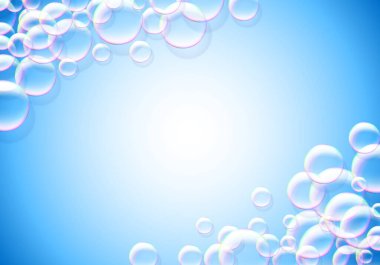 Sabun köpüğü mavi arka planda gökkuşağı renkli hava köpüğü