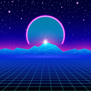 Neon yay ve dağlarla Retro stili gelecekçi manzara