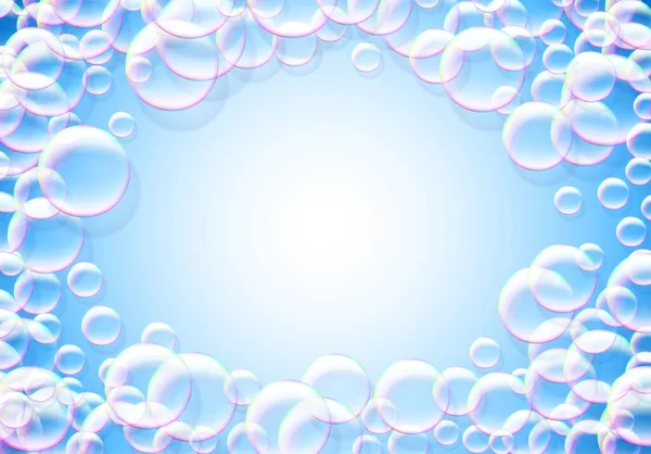 Seifenblasen Blauen Hintergrund Mit Regenbogenfarbenen Luftigen Schaumstoff Runden Rahmen — Stockvektor