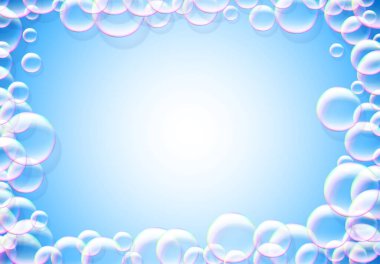 Sabun köpüğü mavi arka planda gökkuşağı renkli hava köpüğü