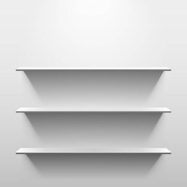 Duvarda üç raf var. Boş beyaz odada ışık ve gölge var.