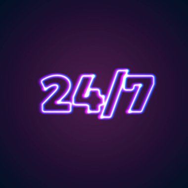 7 / 24 açık neon ışığı, parlak mor ve mavi ışıklar.
