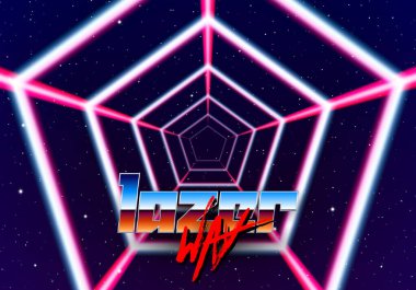 Uzayda 80 'lerin stil lazer çizgileri olan neon tüneli fütürist poster ya da broşür için. Yıldızlı bir kapı ve muhteşem parlak bir yol