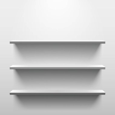 Boş beyaz odada aydınlık ve gölgeli raflar