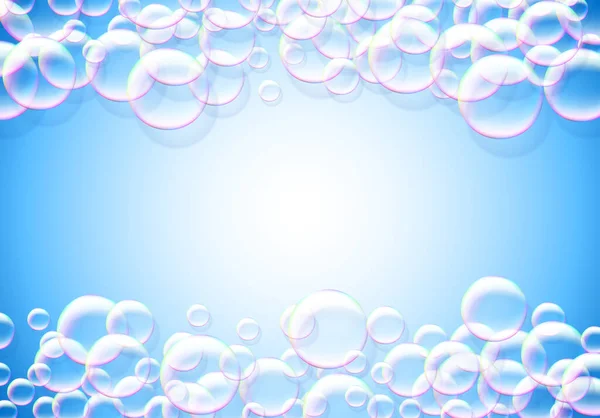 带彩虹色透气泡沫的肥皂泡沫蓝色背景 — 图库矢量图片