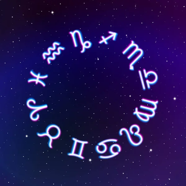 Astrologia Segni Zodiacali Ruota Con Dodici Simboli Neon Nello Spazio — Vettoriale Stock