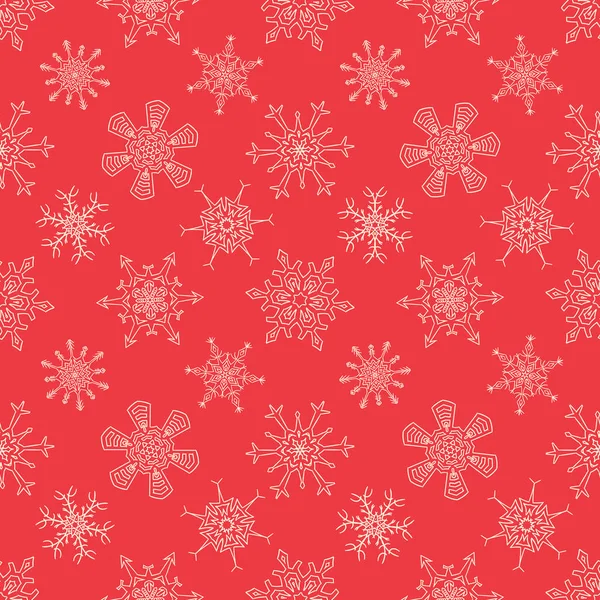 Patrón Rojo Navidad Sin Costuras Con Copos Nieve Dibujados Azar — Vector de stock