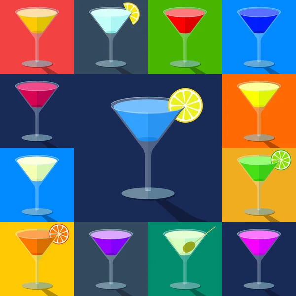 Set Flat Colored Cocktails Transparent Glasses Shadow — Stock Vector