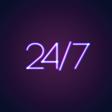 7 / 24 açık neon ışığı, parlak mor ve mavi ışıklar.