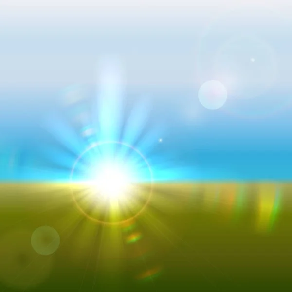 Vecteur Soleil Sur Horizon Avec Fusées Éclairantes Réfraction — Image vectorielle