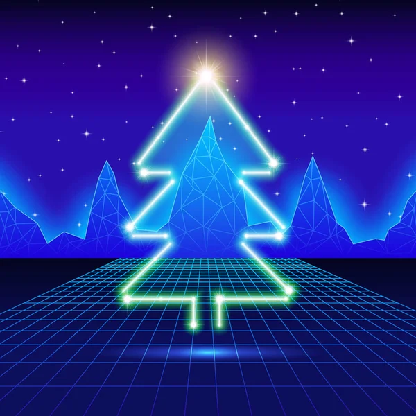 Julkort Med Neon Träd Och Talets Datorbakgrund — Stock vektor