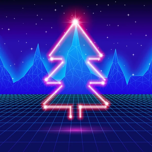 Χριστουγεννιάτικη Κάρτα Νέον Δέντρο Και Φόντο Υπολογιστή — Διανυσματικό Αρχείο