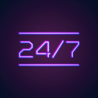 7 / 24 açık neon ışığı, parlak mor ve mavi ışıklar.