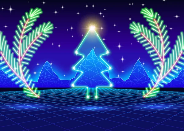 Christmas Card Neon Tree 80S Computer Background — Stock Vector