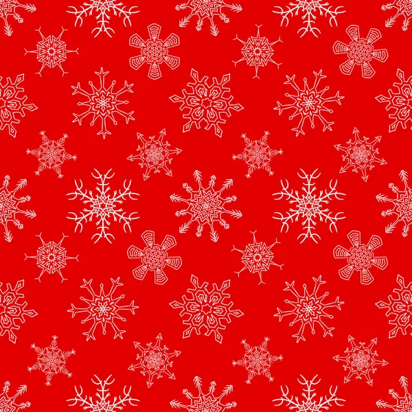 Modello Rosso Natale Senza Cuciture Con Fiocchi Neve Disegnati Casualmente — Vettoriale Stock