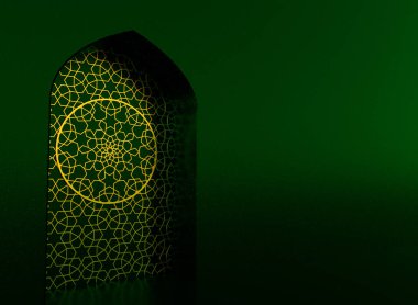 İslami kapılı yeşil duvarda altın Arap süsü var. Bunun için soyut arkaplan