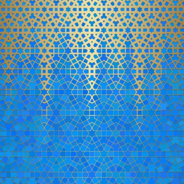 İslami süslemeli soyut arkaplan, Arap geometrik dokusu. Renkli arkaplanda boyalı cam tarzıyla altın kaplamalı motif.