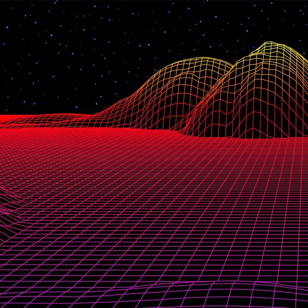80年代スタイルのレトロコンピュータゲームや赤の山や丘と科学からインスピレーションを受けた背景3D構造のワイヤーフレームグリッドと風景 — ストックベクタ