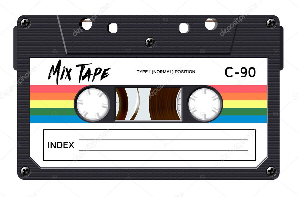 Cassette with retro label as vintage object for 80s revival mix tape design, party poster or cover. Realistic vector sign or icon