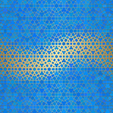 İslami süslemeli soyut arkaplan, Arap geometrik dokusu. Renkli arkaplanda boyalı cam tarzıyla altın kaplamalı motif.
