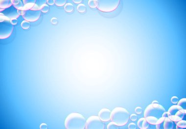 Sabun köpüğü mavi arka planda gökkuşağı renkli hava köpüğü