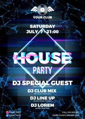 House Rave gece kulübü için mavi arka planlı ve pırlanta elmaslı arıza partisi posteri. Modern elektronik müzik dans partisi broşürü ya da el ilanı.