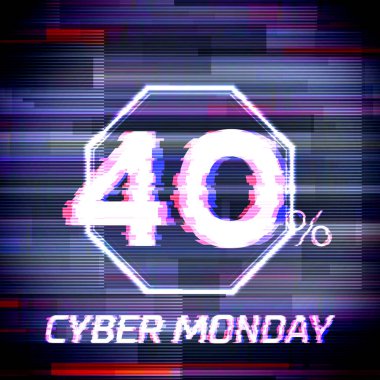 Siber pazartesi indirimi posteri ya da sekizgen işareti ve arıza metni% 40 'a kadar indirimli pankart