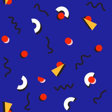 80 'lerin Memphis stili kusursuz desenli modern geometrik tekrarlayan garip renkli şekiller.