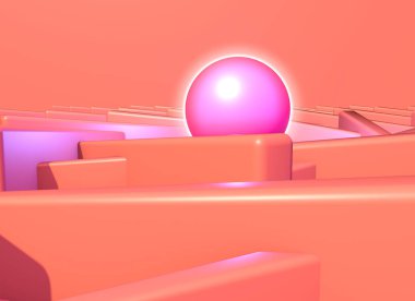 Pembe veya canlı mercan mimari yapısına parlak plazma topu yerleştirilmiş soyut bir arka plan. 3B illüstrasyon