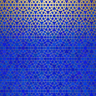 İslami süslemeli soyut arkaplan, Arap geometrik dokusu. Renkli arkaplanda boyalı cam tarzıyla altın kaplamalı motif.